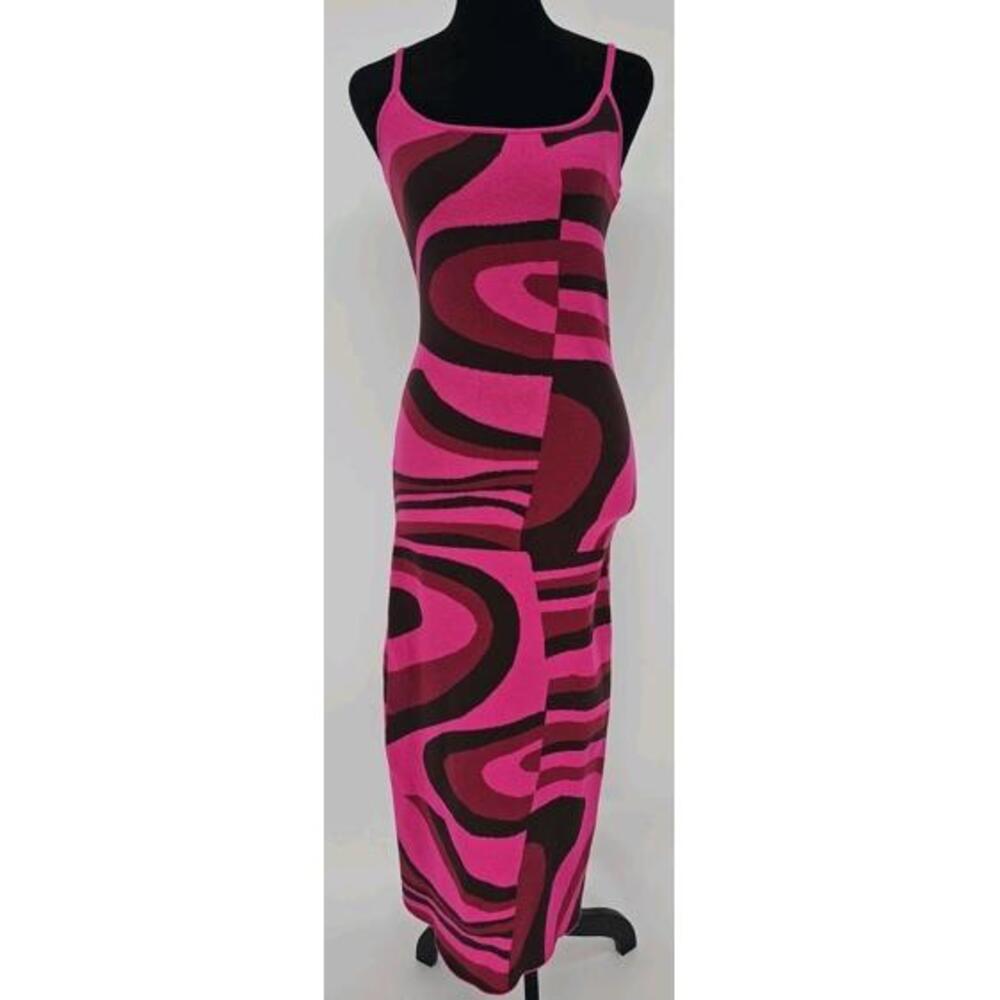 Le Lis Geo Print Sweater Dress XS Pink Maxi 70s Swirlβ Body Con